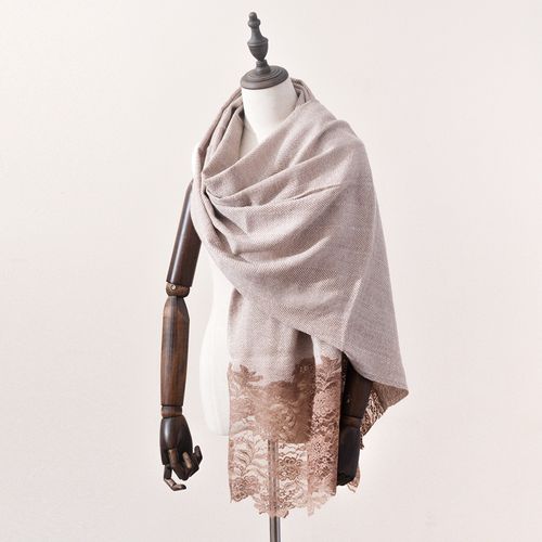 印度手工织造 人字纹混纺羊绒蕾丝拼接围巾披肩 70x200cm 190克