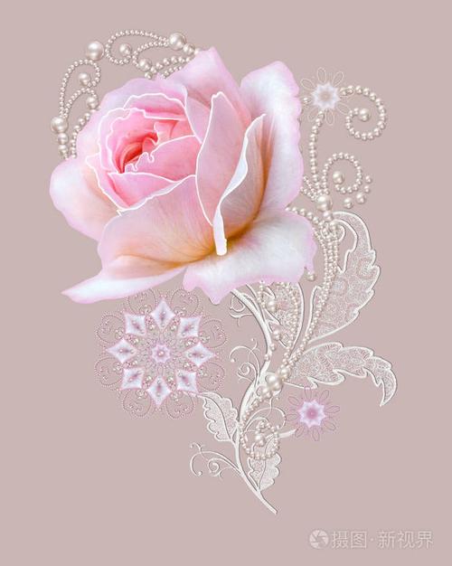 细花边和珍珠宝石闪亮的卷发从珠子线芽粉彩粉红色的玫瑰镂空织造精致